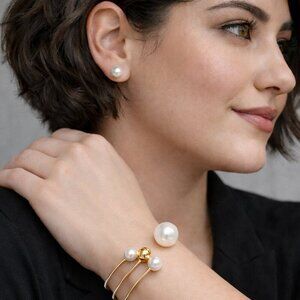 14K Gold Plated Stainless Steel Pearl Cuff Bracelet Adjustable Open Bangle Set